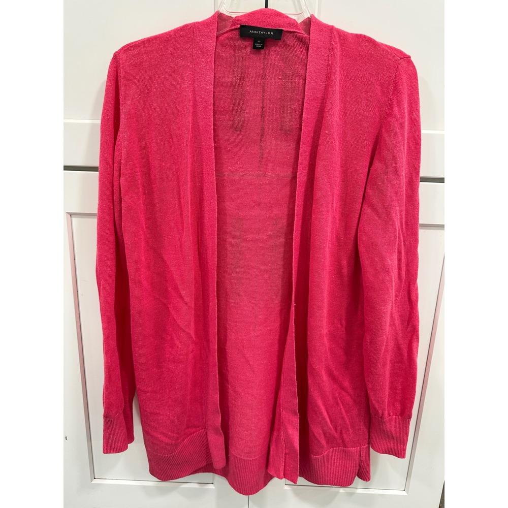Ann Taylor Womens Pink Linen Rayon Blend Open Front Cardigan Sweater XS